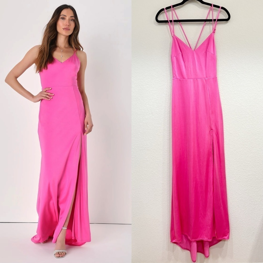 Size XS Lulus Outstanding Glam Hot Pink Strappy Backless Mermaid Maxi Prom Dress
